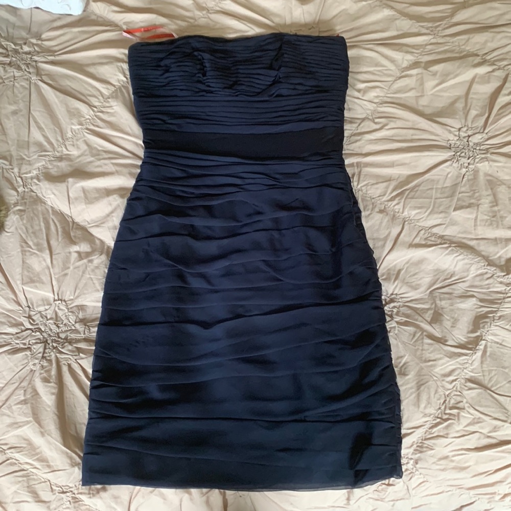 Monique Lhuillier Bridesmaids Strapless Ruched Navy Mini Dress